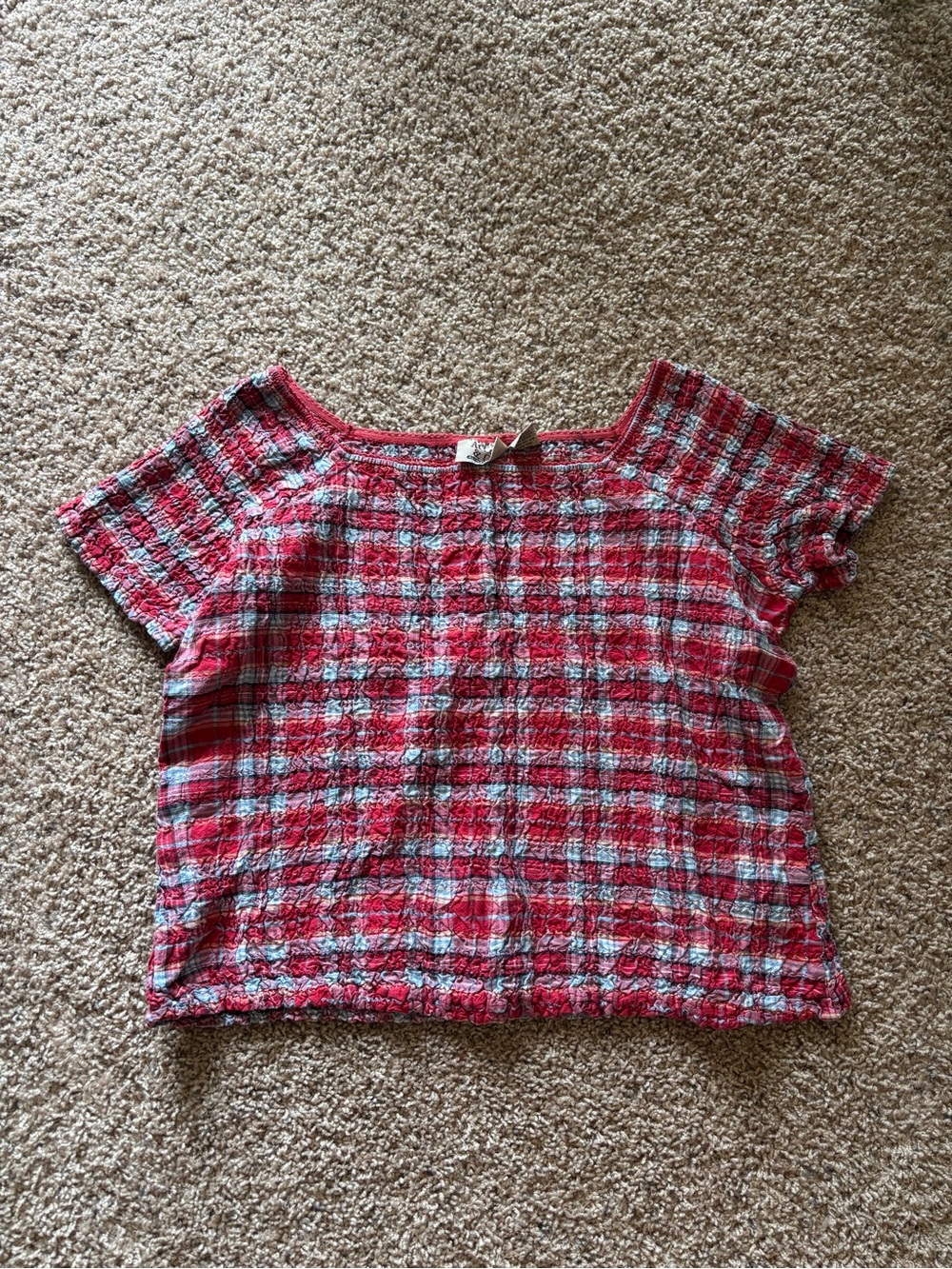 Vintage Red and Light Blue Smocked Short Sleeve Crop Top